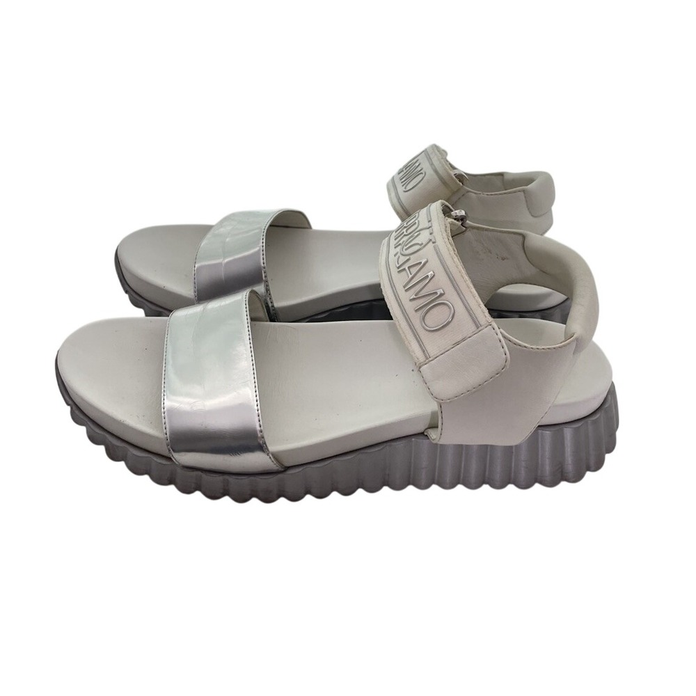 Salvatore Ferragamo White Silver Leather Platform Logo Sandals Shoes Size 8 E